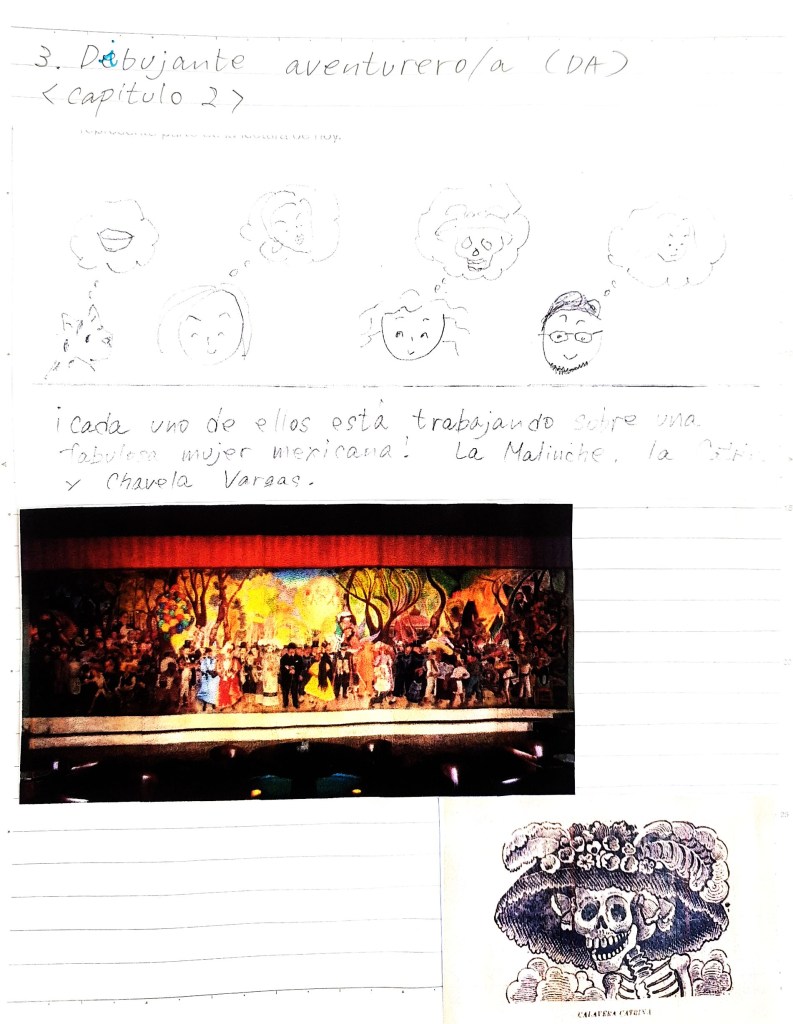 Dibujo de una estudiante sobre la idea principal del capítulo 2 del libro y fotos que representan mujeres importantes mexicanas. 