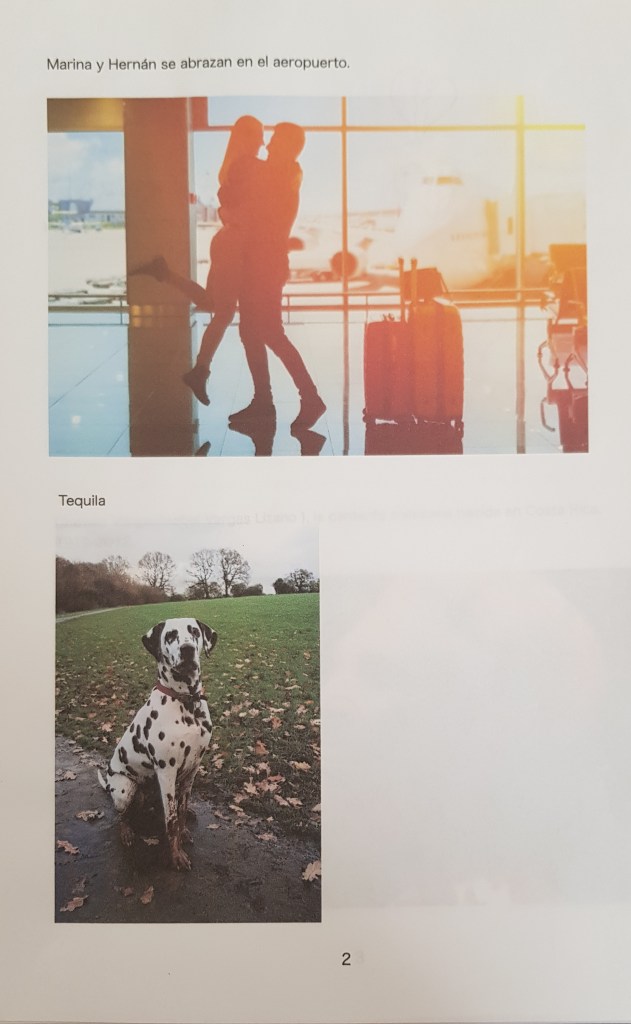 Dos fotos elegidas por un estudiante en las que se refleja una escena de un encuentro romántico en el aeropuerto y otro personaje importante en la historia, la perra Tequila.