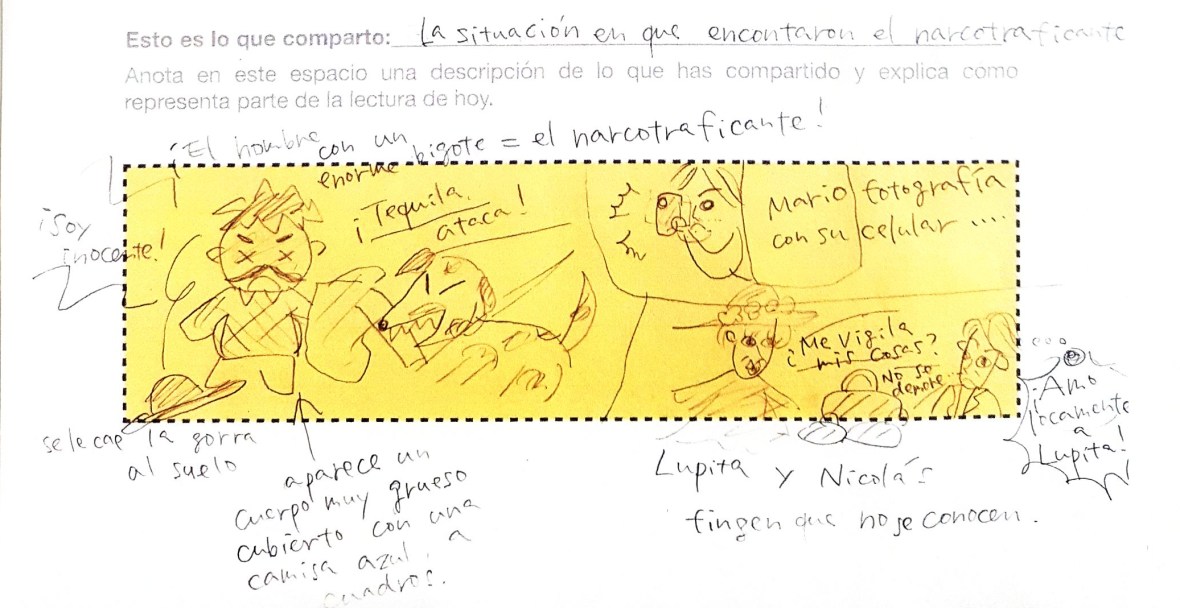Dibujo sobre una escena del libro y que quería compartir la estudiante con sus compañeros en estilo tebeo.