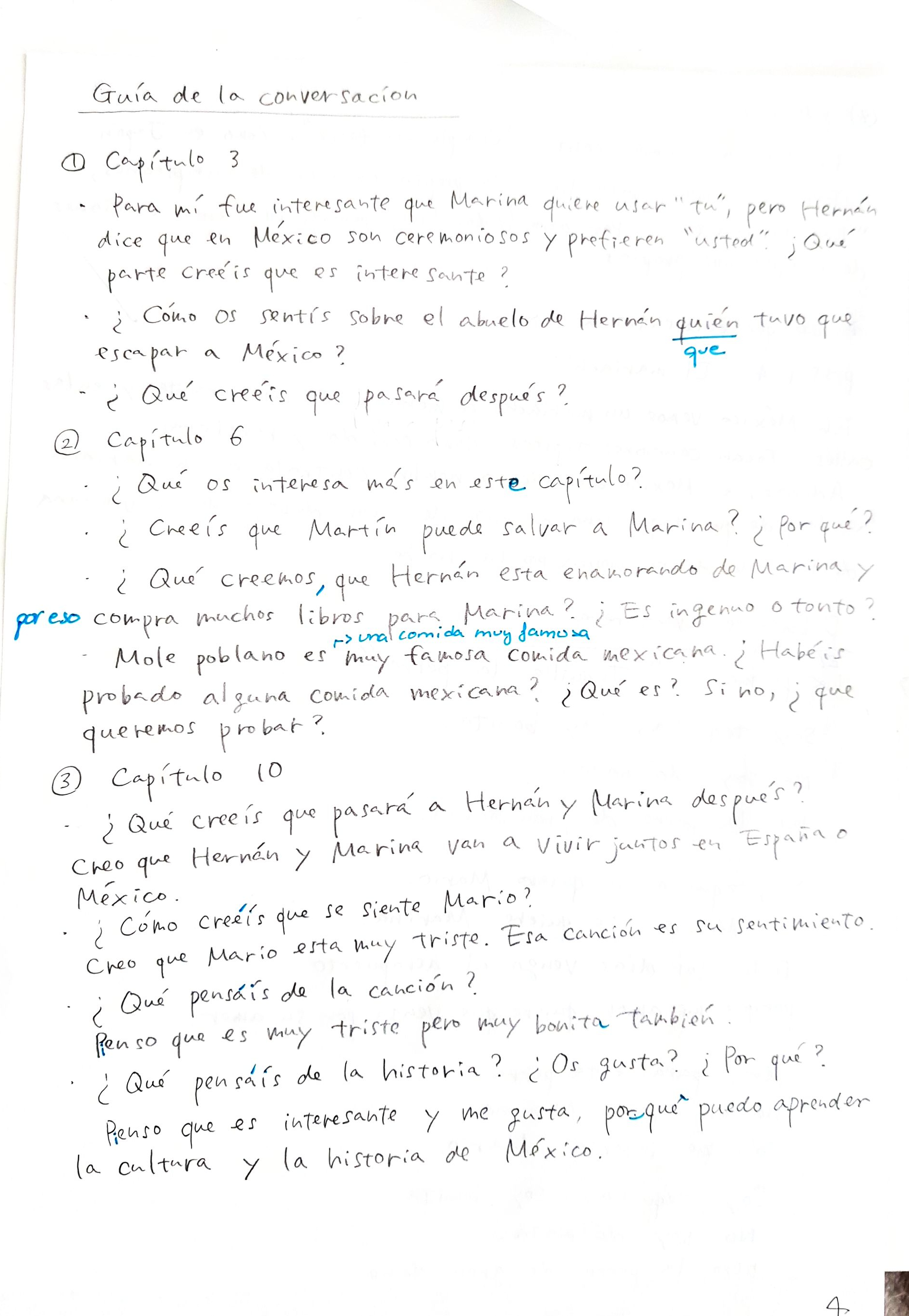 Preguntas y respuestas sobre algunos capítulos creadas por un estudiante de los círculos para hacer de guía de la conversación en clase.