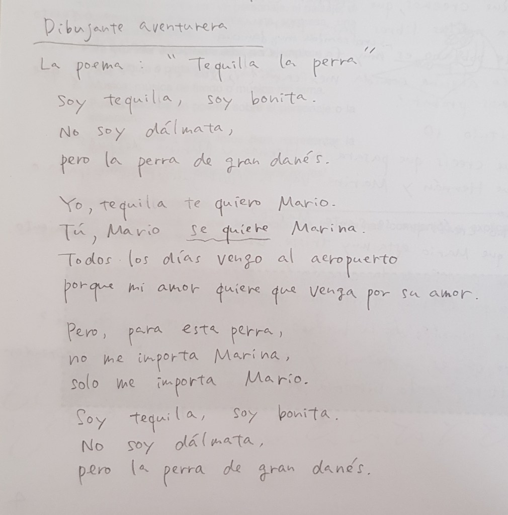 Poesía escrita por una estudiante sobre una protagonista de Ojalá te vaya bonito, la perra Tequila.